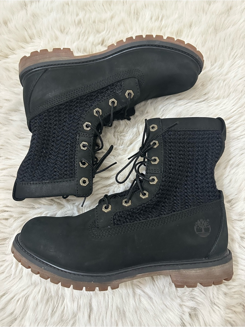 Timberland Black Knit Panel Lug Sole Combat Boots